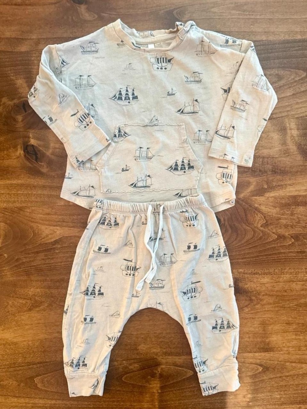 Rylee & Cru Beige & Navy Blue Sailboat Nautical Shirt & Jogger Fall Set 6-12 M